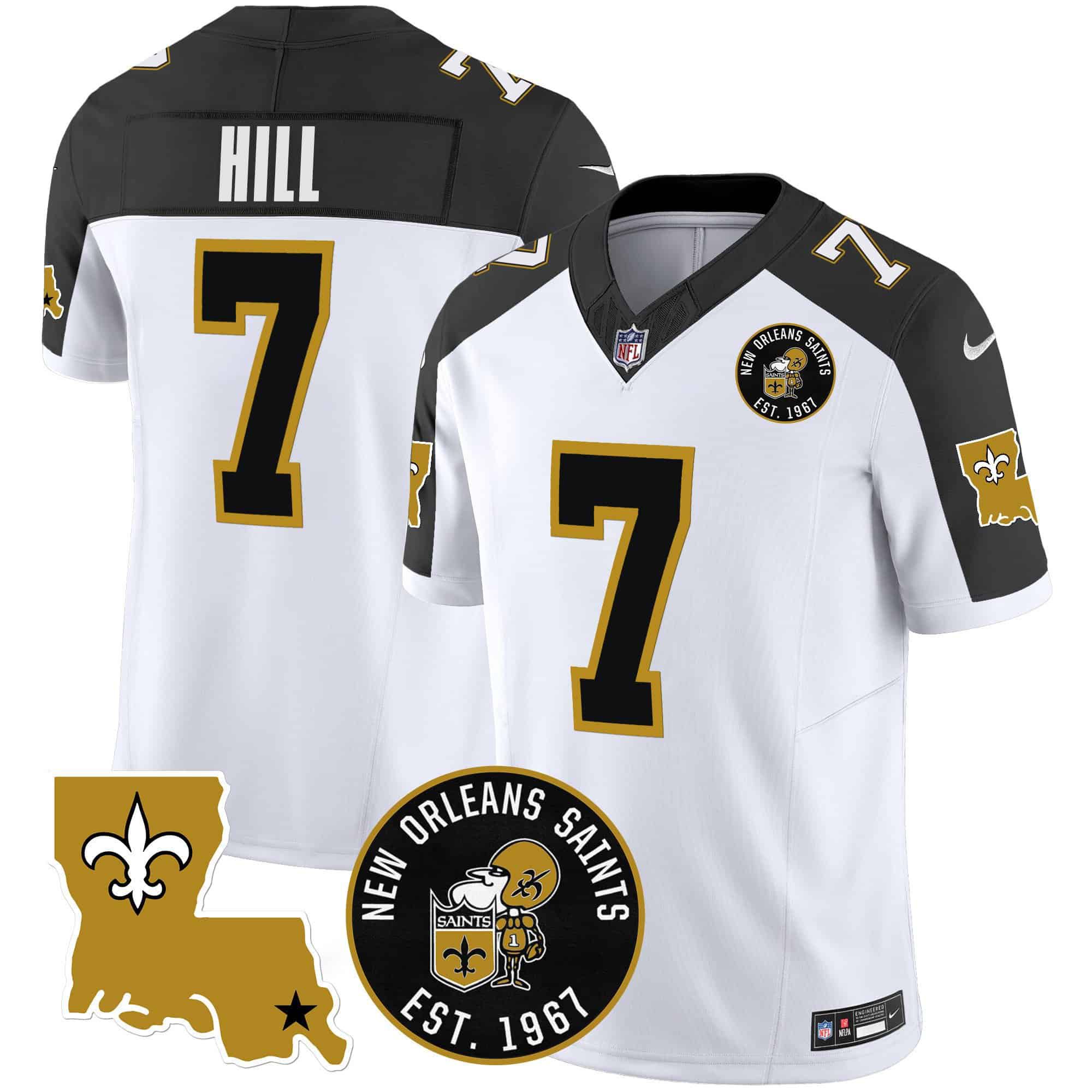 Men New Orleans Saints 7 Hill White 2024 Nike 1967 Patch Vapor Limited NFL Jersey style 1